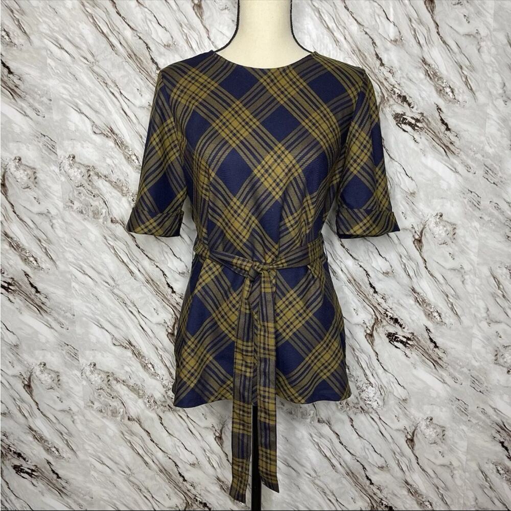 Pendleton Virgin Wool Classic Plaid Navy Blue Belted Top Small